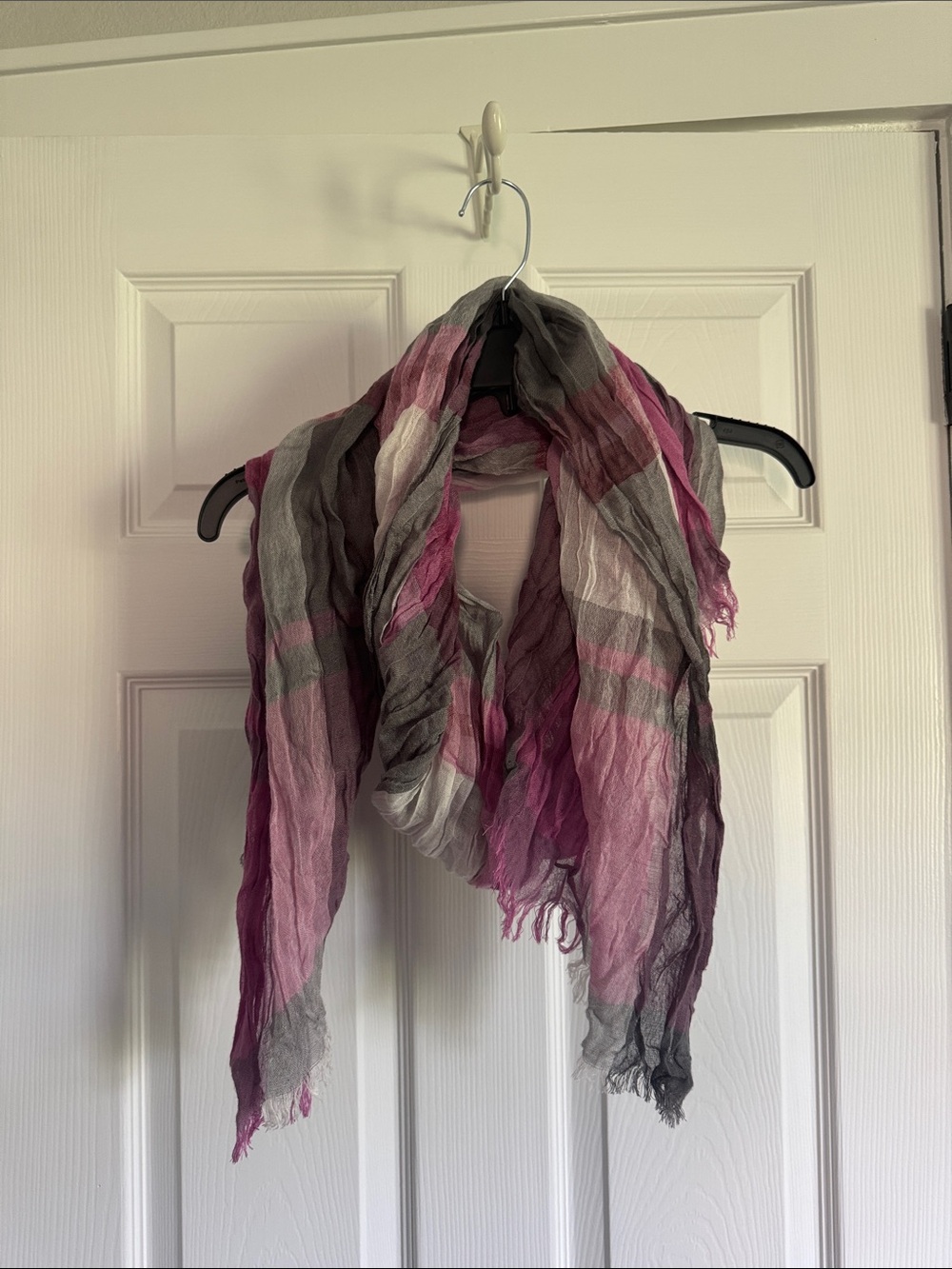 Lightweight Sheer Frayed Scarf in Pink, Cream and Charcoal